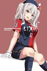  beret breasts commentary_request female fujii_jun gloves grey_hair hat j._league kantai_collection kashima_(kancolle) kashima_antlers large_breasts photoshop_(medium) sitting soccer soccer_uniform solo sportswear twintails white_gloves white_hair 