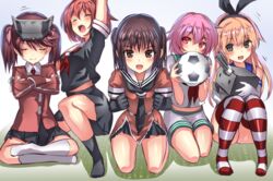  2018_fifa_world_cup 5girls :d ^_^ ball black_gloves black_neckerchief black_serafuku black_skirt blonde_hair brown_eyes brown_hair closed_eyes commentary crossed_arms elbow_gloves gloves grey_eyes hair_between_eyes hairband japan japanese_clothes kantai_collection kariginu long_hair long_sleeves magatama multiple_girls neckerchief odd_one_out open_mouth orange_hairband pink_hair pleated_skirt red_eyes red_neckerchief rensouhou-chan ryuujou_(kancolle) sailor_collar school_uniform sendai_(kancolle) serafuku shimakaze_(kancolle) shiratsuyu_(kancolle) short_hair short_sleeves shorts skirt smile soccer soccer_ball striped_clothes striped_thighhighs tama_(kancolle) telstar thighhighs tooi_aoiro twintails two_side_up visor_cap white_gloves white_shorts world_cup 