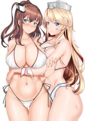  2girls absurdres asymmetrical_docking battle_effectiveness_award bikini blonde_hair blue_eyes blush breast_press breasts brown_hair chiyo_goya cleavage closed_mouth collarbone commentary cowboy_shot english_commentary front-tie_top hair_between_eyes hair_ornament hand_on_another&#039;s_arm hat high_side_ponytail highleg highleg_bikini highres hug iowa_(kancolle) kantai_collection large_breasts long_hair looking_at_viewer multiple_girls navel parted_lips saratoga_(kancolle) side-tie_bikini_bottom side_ponytail simple_background smile standing star-shaped_pupils star_(symbol) stomach strap_gap swimsuit symbol-shaped_pupils thigh_gap thighs very_long_hair white_background white_bikini 