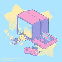  1990s_(style) ahoge aurahack belt black_hair blue_background commentary controller crown dress english_commentary fallen_down female flat_color game_cartridge game_console game_controller gamepad hairband halftone highres isometric magical_princess_(magical_travel) magical_travel mini_person minigirl pastel_colors patreon_username retro_artstyle short_hair solo super_famicom super_famicom_cartridge super_famicom_gamepad television twitter_username watermark 