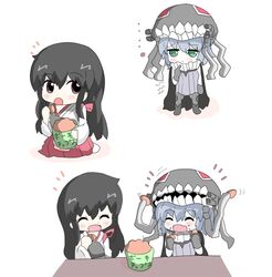  2girls abyssal_ship akagi_(kancolle) bad_id bad_pixiv_id bauxite black_hair chibi eating green_eyes grey_hair happy kantai_collection long_hair multiple_girls sanofu_(sasanobi) sharing sharing_food wo-class_aircraft_carrier 