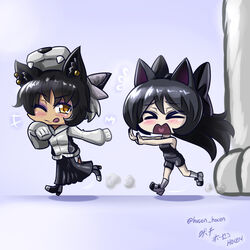  &gt;_&lt; 2girls animal_hood animal_hoodie black_hair blake_belladonna bow cat_ears chibi kali_belladonna multiple_girls running rwby vilde_loh_hocen wink 