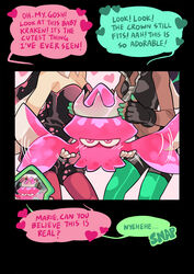  2girls black_gloves black_hair black_shirt black_shorts blush callie_(splatoon) commentary crop_top crown dark-skinned_female dark_skin english_commentary english_text fingerless_gloves flapping gloves gomipomi green_legwear head_out_of_frame heart highres holding inkling kraken_(splatoon) marina_(splatoon) midriff multiple_girls octoling pantyhose pearl_(splatoon) photoshop_(medium) pink_eyes purple_legwear shirt short_jumpsuit short_shorts shorts solo_focus splatoon_(series) splatoon_2 squid strapless tentacle_hair white_gloves zipper_pull_tab 