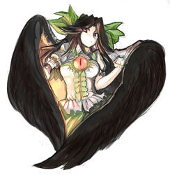  arugeri black_hair black_wings bow commentary_request female green_bow hairbow long_hair red_eyes reiuji_utsuho solo third_eye touhou wings 