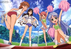  4girls a_certain_high_school_gym_uniform alternate_hair_color arms_up ass ass_visible_through_thighs bare_shoulders blue_buruma blue_hair blush breasts brown_hair buruma cheerleader cloud day emblem fukiyose_seiri green_eyes gym_shirt gym_uniform hair_ornament hairclip hands_on_own_hips highres index_(toaru_majutsu_no_index) jacket jacket_on_shoulders kneepits large_breasts long_hair looking_back medium_hair megami_magazine misaka_mikoto multiple_girls no_socks official_art open_mouth petite pom_pom_(cheerleading) putting_on_shoes red_buruma red_hair school_emblem shinohara_kenji shirt short_hair short_sleeves sky sleeveless sleeveless_shirt socks sports_festival sportswear thigh_gap thighs third-party_edit toaru_kagaku_no_railgun toaru_majutsu_no_index toaru_majutsu_no_index:_old_testament tokiwadai_school_gym_uniform track_jacket tsukuyomi_komoe very_long_hair white_jacket white_shirt 