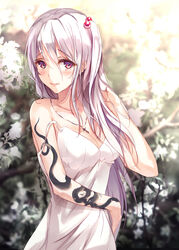  absurdres alternate_costume bare_arms bare_shoulders blush breasts cleavage collarbone commentary_request cross cross_necklace eien_no_juu_nana-sai female flower hair_between_eyes hair_bobbles hair_ornament hand_in_own_hair hand_up highres jewelry long_hair looking_at_viewer medium_breasts necklace one_side_up parted_lips pink_hair pink_lips shinki_(touhou) smile snake_tattoo solo spaghetti_strap standing strap_slip tattoo touhou touhou_(pc-98) upper_body very_long_hair white_flower white_hair 