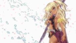  armlet ass blonde_hair blurry blurry_background blush breasts dark-skinned_female dark_skin edelgard_(isekai_maou) elf female hair_ornament hair_scrunchie highres holding holding_polearm holding_weapon isekai_maou_to_shoukan_shoujo_no_dorei_majutsu long_hair looking_at_viewer medium_breasts no_bra no_panties official_art pointy_ears polearm purple_eyes red_scrunchie scrunchie shiny_skin solo splashing sweatdrop torn_clothes tsurusaki_takahiro two_side_up wavy_hair weapon wet 