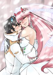  1boy arm_over_shoulder backless_dress backless_outfit black_hair blossomppg blue_horns breasts bridal_veil cherry_blossoms closed_eyes commentary couple darling_in_the_franxx dress elbow_gloves english_commentary female flower formal gloves gold_trim hair_flower hair_ornament hand_on_another&#039;s_back highres hiro_(darling_in_the_franxx) horns hug long_hair medium_breasts oni_horns petals pink_hair red_horns signature sleeveless sleeveless_dress straight suit tree veil wedding wedding_dress white_dress white_gloves white_suit zero_two_(darling_in_the_franxx) 