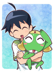  2boys ahoge blue_hair blush_stickers closed_eyes commentary_request frog hakkatou hat hinata_fuyuki keroro keroro_gunsou male_focus multiple_boys shirt 