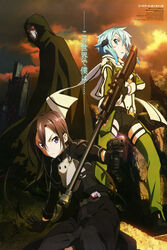  2girls absurdres anti-materiel_rifle black_hair blue_hair bolt_action death_gun fn_five-seven gun handgun highres kirito kirito_(sao-ggo) kondou_natsuko long_hair multiple_girls official_art pgm_hecate_ii rifle short_hair sinon sniper_rifle sword_art_online weapon 