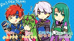  2boys 2girls armor blush breasts cape cecilia_(fire_emblem) closed_eyes commentary_request elbow_gloves fire_emblem fire_emblem:_mystery_of_the_emblem fire_emblem:_the_binding_blade fire_emblem_awakening fire_emblem_heroes gloves green_eyes green_hair hair_ornament jewelry long_hair multiple_boys multiple_girls open_mouth pointy_ears ponytail protected_link red_hair ribbon robin_(fire_emblem) robin_(male)_(fire_emblem) roirence roy_(fire_emblem) short_hair smile tiki_(fire_emblem) tiki_(young)_(fire_emblem) white_hair 