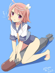  :o barefoot blue_background blush brown_hair commentary_request dated female full_body hair_ornament i-58_(kancolle) kantai_collection kneeling light_brown_hair looking_at_viewer open_mouth purple_eyes school_swimsuit school_uniform serafuku short_hair signature simple_background sitting smile solo swimsuit swimsuit_under_clothes torpedo twitter_username wara_(warapro) 