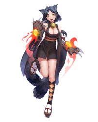  animal_ears animal_hands bad_id bad_pixiv_id black_hair blush breasts cat_ears cat_paws cleavage female full_body highres hoodp kyuumei_neko_(onmyoji) large_breasts looking_at_viewer onmyoji open_mouth sandals short_hair smile solo teeth yellow_eyes 