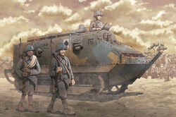  6+boys adrian_helmet bolt_action bush caterpillar_tracks cloud commentary_request dark-skinned_male dark_skin dirt earasensha facial_hair french_army gun gun_sling helmet male_focus military military_uniform military_vehicle motor_vehicle multiple_boys original outdoors photoshop_(medium) puttee rifle schneider_ca sky smoke tank tree uniform weapon world_war_i 