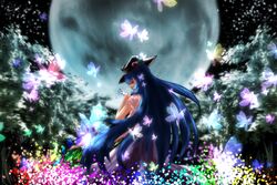  aono_meri bad_id bad_pixiv_id blue_hair bug butterfly dress female flower food from_behind fruit full_moon hand_on_hilt hat hinanawi_tenshi leaf long_hair looking_back moon night peach red_eyes short_sleeves sky solo star_(sky) starry_sky sword touhou tree very_long_hair weapon 