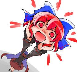  :d bow cape commentary disembodied_head female hairbow head_lift headless long_sleeves looking_at_viewer open_mouth red_eyes red_hair sekibanki shinapuu shirt skirt smile solo touhou 