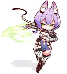  7th_dragon_(series) 7th_dragon_iii animal_ears blush breasts chibi cleavage closed_mouth collarbone commentary_request female fox_ears green_eyes holding holding_knife holding_weapon knife looking_away medium_breasts naga_u navel purple_hair rune-knight_(7th_dragon) short_hair simple_background smile solo urye_(7th_dragon) weapon white_background 