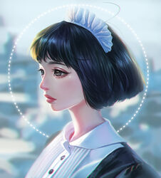  black_eyes black_hair bob_cut buttons chromatic_aberration closed_mouth commentary eyelashes female highres lips maid_headdress photoshop_(medium) real_life rena_illusion short_hair solo yoshioka_riho 