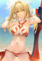  aestus_estus aos armpits arms_up ass_visible_through_thighs beach bikini blonde_hair blue_sky breasts cameltoe cleavage closed_mouth cloud cloudy_sky commentary_request cowboy_shot criss-cross_halter day earrings fate/grand_order fate_(series) female green_eyes hair_between_eyes hair_intakes halterneck jewelry large_breasts long_hair looking_at_viewer lowleg lowleg_bikini navel nero_claudius_(fate) nero_claudius_(swimsuit_caster)_(fate) outdoors side-tie_bikini_bottom sky smile solo striped_bikini striped_clothes swimsuit sword twintails weapon 