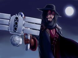  1boy bandolier black_hair black_hat black_jacket black_scarf bowgun brown_gloves commentary_request cozyluk facial_hair full_moon gimp_(medium) gloves goatee gradient_sky grey_eyes grey_sky hat holding holding_weapon jacket looking_at_viewer male_focus moon moustache night night_sky scarf sennen_sensou_aigis shell_casing sky solo standing vincent_(sennen_sensou_aigis) weapon 