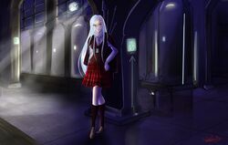  alter_ego arms_behind_body blue-eyes_white_dragon blue_eyes blue_eyes_white_dragon commission dark_theme female full_moon jacket kisara long_hair looking_at_viewer night_time rwby school_uniform skirt weiss_schnee white_hair yandere yu-gi-oh! yugioh_(card) yugioh_(season_0) zelka94 