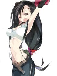  :o amiami armpits arms_up belt female female final_fantasy final_fantasy_vii gloves long_hair low-tied_long_hair midriff one_eye_closed open_mouth simple_background solo suspenders tifa_lockhart unbuckled unzipped white_background yawning 