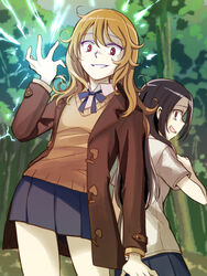  2girls back-to-back bad_id bad_pixiv_id black_hair blonde_hair blue_skirt bow bowtie brown_eyes coat coppelion crazy_eyes curly_hair electricity grin long_hair looking_at_viewer miniskirt multiple_girls nature niina_ryou ozu_kanon ozu_shion pale_skin pleated_skirt school_uniform shirt short_sleeves siblings sisters skirt smile tree white_shirt 