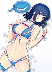  adapted_costume amami_amayu ascot beret bikini bikini_day black_hair blue_bikini blue_hat blush breasts closed_mouth collarbone commentary_request female front-tie_bikini_top front-tie_top hand_on_own_chest hat kantai_collection large_breasts looking_at_viewer lying medium_hair multi-strapped_bikini navel on_back red_eyes skindentation smile solo swimsuit takao_(kancolle) thigh_strap unworn_hat unworn_headwear wet wristband 