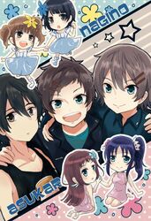  3boys 4girls black_hair blue_eyes brown_eyes chibi commentary_request hiradaira_chisaki hisanuma_sayu isaki_kaname jumpsuit kihara_tsumugu mukaido_manaka multiple_boys multiple_girls nagi_no_asukara purikura sakishima_hikari shiodome_miuna short_hair tomori_chia 