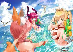  3girls alternate_costume animal_ear_fluff animal_ears arched_back bad_id bad_pixiv_id bare_shoulders bead_bracelet beads bikini blue_bikini blue_eyes blue_sky bracelet breasts butt_crack closed_eyes cloud cloudy_sky criss-cross_halter day dutch_angle earrings elizabeth_bathory_(beach_bloody_demoness)_(fate) elizabeth_bathory_(fate) elizabeth_bathory_(fate/extra_ccc) fate/extra fate/extra_ccc fate/grand_order fate_(series) fox_ears fox_tail from_behind green_eyes hair_between_eyes hair_intakes halterneck highres horns island jewelry large_breasts light_particles light_rays long_hair looking_at_another midriff multiple_girls nero_claudius_(fate) nero_claudius_(swimsuit_caster)_(fate) ocean official_alternate_costume one_eye_closed open_mouth outdoors partially_submerged pink_hair red_bikini red_hair side-tie_bikini_bottom sky small_breasts splashing striped_bikini striped_clothes swimsuit tail tamamo_(fate) tamamo_no_mae_(swimsuit_lancer)_(fate) twintails utayoi_(umakatare) very_long_hair water_gun wet wet_clothes 