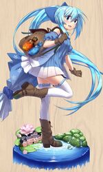  backpack bag beige_background blue_bow blue_dress blue_eyes blue_hair blush boots bow brown_footwear brown_gloves building commentary_request detached_sleeves dress female flower_knight_girl frilled_sleeves frilled_thighhighs frills from_side full_body gloves hair_ornament hairbow hairclip holding_strap lily_pad long_hair looking_at_viewer mizunashi_(second_run) nerine_(flower_knight_girl) open_mouth ponytail potion puffy_detached_sleeves puffy_short_sleeves puffy_sleeves short_sleeves solo standing standing_on_one_leg thighhighs very_long_hair water white_thighhighs zettai_ryouiki 