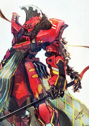  bad_id bad_pixiv_id mecha no_humans original photoshop_(medium) red_theme robot simple_background solo sword total weapon 