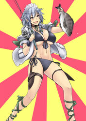  alternate_costume ankle_lace-up bikini black_bikini blush braid breasts choker cleavage commentary_request cookie_(touhou) cross-laced_footwear female fish fishing_rod front-tie_top genpatsu_(cookie) grey_hair groin izayoi_sakuya knife large_breasts maid_headdress meme navel open_mouth red_eyes ribbon_choker side-tie_bikini_bottom smile solo sunburst sunburst_background swimsuit thigh_strap tobisawa touhou tsurikichi_obasan twin_braids 