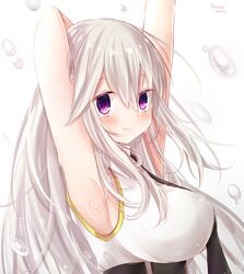  armpits arms_up azur_lane black_necktie blush breasts collared_shirt commentary_request enterprise_(azur_lane) female highres large_breasts long_hair looking_at_viewer necktie purple_eyes shimashiro_itsuki shirt sideboob sleeveless sleeveless_shirt smile solo underbust white_hair 