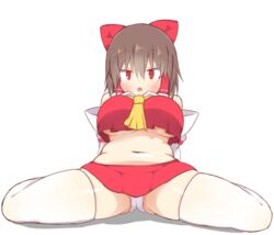  akabeco belly bow breasts brown_hair commentary_request cookie_(touhou) female hairbow hakurei_reimu highres large_breasts looking_at_viewer navel no_bra panties parted_lips plump red_bow red_eyes red_skirt reu_(cookie) short_hair sitting skirt solo thick_thighs thighhighs thighs touhou underboob underwear wariza white_panties white_thighhighs 