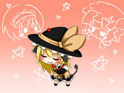  alice_margatroid animal_ears blonde_hair blush buri_hamachi cat_ears cat_tail chibi closed_eyes commentary_request female grin hat heart kirisame_marisa long_hair meme orange_background patchouli_knowledge ribbon ritateo smile star_(symbol) tail touhou 