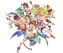  5girls armpits bikini bikini_skirt black_hair blonde_hair bracelet breasts brown_hair canna_(granblue_fantasy) cleavage collar crossed_legs diantha_(granblue_fantasy) diola_(granblue_fantasy) flower granblue_fantasy hair_flower hair_ornament harie_(granblue_fantasy) jewelry leg_up linaria_(granblue_fantasy) long_hair looking_at_viewer medium_breasts midriff minaba_hideo multiple_girls navel official_art one_eye_closed open_mouth outstretched_hand purple_hair short_hair smile swimsuit transparent_background wrist_cuffs 