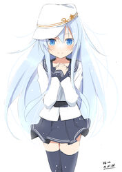  black_thighhighs blue_eyes blue_hair blush commentary_request female grey_hair hammer_and_sickle hat hibiki_(kancolle) kantai_collection long_hair looking_at_viewer school_uniform simple_background skirt smile solo star_(symbol) thighhighs verniy_(kancolle) wara_(warapro) white_background 