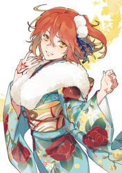  blue_kimono brown_hair camellia_print command_spell commentary_request fate/grand_order fate_(series) female floral_print fujimaru_ritsuka_(female) fujimaru_ritsuka_(female)_(ceremonial_new_year) fur-trimmed_kimono fur_trim grin hair_between_eyes hair_ornament japanese_clothes kimono long_sleeves looking_at_viewer obi official_alternate_costume one_side_up print_kimono sash short_hair smile solo takashi_(huzakenna) white_background wide_sleeves yellow_eyes yukata 