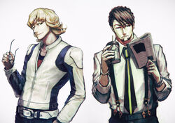  2boys bad_id bad_pixiv_id barnaby_brooks_jr. belt blonde_hair brown_eyes brown_hair facial_hair glasses green_eyes grin holding holding_removed_eyewear kaburagi_t._kotetsu multiple_boys necktie photoshop_(medium) reading smile stubble tiger_&amp;_bunny total unworn_eyewear watch wristwatch 