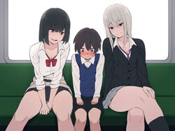  1boy 2girls :d age_difference ara_ara_on_a_train_(meme) black_cardigan black_hair black_legwear black_shorts black_skirt blush bow bowtie breasts brown_hair cardigan cardigan_around_waist cleavage closed_mouth clothes_around_waist collarbone collared_shirt commentary crossed_legs dress_shirt girl_sandwich grey_hair grey_skirt gyaru hair_between_eyes height_difference jewelry kemuri_haku kneehighs large_breasts long_hair long_sleeves meme miniskirt multiple_girls necklace onee-shota open_mouth original pleated_skirt red_bow red_bowtie sandwiched school_uniform shirt shorts sidelocks sitting skindentation skirt smile socks straight sweater sweater_around_waist thighs train_interior white_hair white_shirt you_gonna_get_raped 