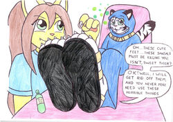  4_toes anthro clothing dialogue domestic_cat duo english_text feet felid feline felis female foot_focus footwear gesture hand_gesture hypnosis male mammal mind_control mintymousyx_(artist) pantherine pointing sandals speech_bubble text tiger toes vidav_(character) 