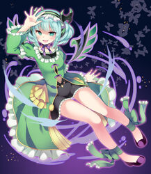  ankle_ribbon aqua_eyes aqua_hair astaroth_(p&amp;d) bug butterfly commentary_request female hairband kaki_s leg_ribbon looking_at_viewer oerba_yun_fang open_mouth photoshop_(medium) puzzle_&amp;_dragons ribbon short_hair skirt smile solo two_side_up wings 