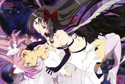  2girls absurdres akemi_homura akuma_homura bare_back bare_shoulders black_hair blush breast_press breasts cleavage flat_chest hair_ribbon hand_on_another&#039;s_back hand_on_another&#039;s_cheek hand_on_another&#039;s_face high_heels highres holding_hands interlocked_fingers kaname_madoka kikuta_kouichi long_hair mahou_shoujo_madoka_magica mahou_shoujo_madoka_magica:_hangyaku_no_monogatari multiple_girls newtype official_art possessive purple_hair ribbon small_breasts spoilers symmetrical_docking ultimate_madoka yuri 