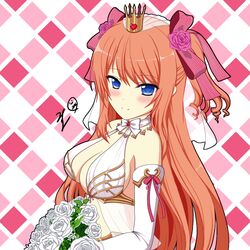  alice_(sennen_sensou_aigis) argyle_background bare_shoulders blue_eyes blush bouquet breasts bridal_gauntlets cleavage commentary_request crown female flower gloves hair_flower hair_ornament hair_ribbon long_hair looking_at_viewer medium_breasts mini_crown mun_(gunma) pink_ribbon ribbon sennen_sensou_aigis signature simple_background smile solo two_side_up upper_body very_long_hair white_gloves 