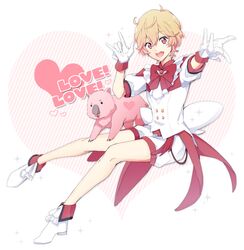  1boy \m/ bad_id bad_pixiv_id battle_lover_scarlet binan_koukou_chikyuu_bouei-bu_love! blonde_hair blush full_body gloves hakone_yumoto heart magical_boy male_focus open_mouth red_eyes saku_(sakus-xx) smile wombat_(bouei-bu) 