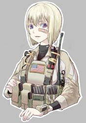  alma01 american_flag ammunition_pouch bandaid bandaid_on_face black_shirt blonde_hair bob_cut brown_shirt buckle cable camouflage camouflage_shirt chest_rig collared_shirt colored_eyelashes combat_shirt commentary_request cropped_torso desert_camouflage female fingernails grey_background hair_between_eyes layered_sleeves load_bearing_equipment load_bearing_vest looking_at_viewer looking_to_the_side magazine_(weapon) open_collar original outline patch pocket pouch purple_eyes radio radio_antenna shirt short_hair simple_background sleeves_past_elbows sleeves_rolled_up snap-fit_buckle solo tactical_clothes turtleneck undershirt upper_body white_outline 