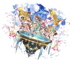  5girls arm_up armpits bare_shoulders bikini black_hair blonde_hair blue_sky bracelet breasts brown_hair canna_(granblue_fantasy) cloud diantha_(granblue_fantasy) diola_(granblue_fantasy) dual_wielding flag flower granblue_fantasy hair_flower hair_ornament harie_(granblue_fantasy) hat holding jewelry leg_up linaria_(granblue_fantasy) long_hair medium_breasts microphone midriff minaba_hideo multiple_girls navel official_art one-piece_swimsuit one_eye_closed open_mouth petals purple_hair rainbow shoes short_hair shorts sky smile sun_hat swimsuit toeless_footwear transparent_background water water_gun 