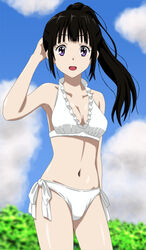  bikini black_hair chitanda_eru commentary_request cp9a female frilled_bikini frills hyouka long_hair outdoors photoshop_(medium) ponytail purple_eyes solo standing swimsuit white_bikini 