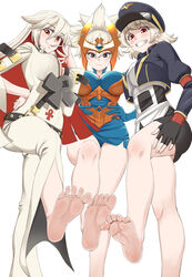  3girls ankh archon_(crusaders_quest) armor barefoot bell-bottoms belt blue_gloves blush breasts candy cleavage commentary_request crusaders_quest dress easy_(aqk7bdqt) feet fingerless_gloves food foot_focus gloves goggles goggles_on_headwear grey_hair grin guilty_gear guilty_gear_xrd hair_between_eyes hand_on_own_hip hand_on_own_thigh hands_on_own_hips hat helm helmet highres jack-o&#039;_valentine jacket large_breasts lollipop long_hair looking_at_viewer medium_breasts military_hat miniskirt mouth_hold multiple_girls pants photoshop_(medium) purple_eyes red_eyes short_hair side_slit simple_background skirt smile soles spiny_(crusaders_quest) toes white_background 